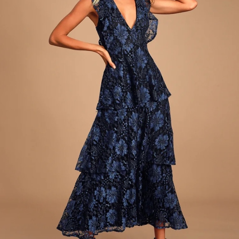 Lulu’s Molinetto Navy Blue Lace Ruffled Tiered Sleeveless Maxi Dress